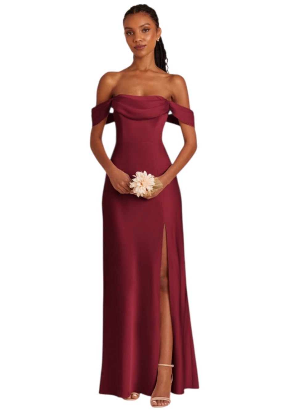 Birdy Grey Mia Dress Burgundy Evening Gown with Thigh Slit and removable sleeves